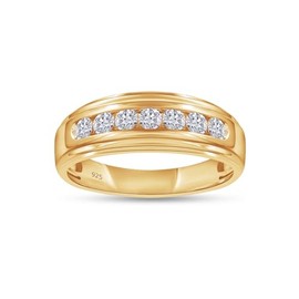 Men's Wedding Band Ring, 1/2 Carat Round Lab Grown Diamond Channel Set 7-Stone Wedding Anniversary Band Ring In 14K Yellow Gold Over Sterling Silver Jewelry (0.50 Cttw)-9