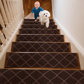 WAWINY 15 Pack Stair Treads for Wooden Steps Indoor, 8" X 30" Carpet Stair Treads Non Slips, Reusable Adhesive Staircase Step Treads Pads for Kids Elders & Pets(Dark Brown)