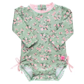 RuffleButts Baby Girls UPF 50+ Sun Protection Floral Printed Long Sleeve One Piece Rash Guard Swimsuit with Zipper - Tea Roses, 3-6m