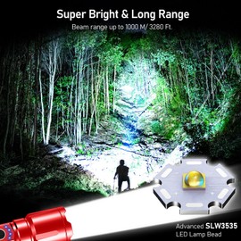 Blukar LED Torch, 500000 Lumens Super Bright Torches Led - Adjustable Focus, 5000 mAh, IP67 Waterproof, Powerful Long Lasting Handheld Flashlight for Power Cuts, Camping, Emergency-Red