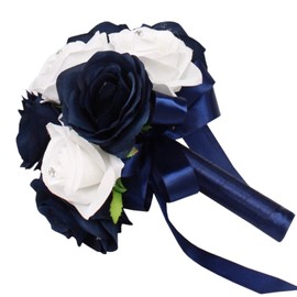 Angel Isabella 8" Bouquet-Navy Blue and White Open Roses with Rhinestone