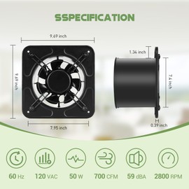 FEFE 8" Kitchen Exhaust Fan with Switch, Metal Garage Exhaust Fan with Backdraft Damper, 700CFM Wall Mounted Kitchen Vent Fan, for Attic, Greenhouse, Workshop (Minimalist)