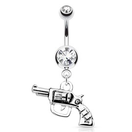 Pierced Owl 14GA Stainless Steel Gun with Clear Gem Dangling Belly Button Ring