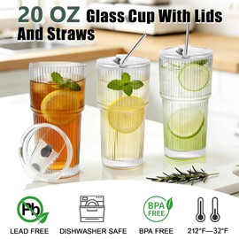 20 oz Glass Tumbler with Straw and Lid Set of 4, Iced Coffee Cups with Lids and Straws,Clear Ribbed Glass Cups Reusable to Go Coffee Tumbler for Matcha, Smoothie, Cocktail,Latte