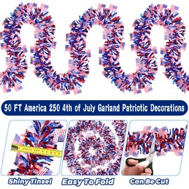 50 FT American Flag Patriotic Tinsel Garland, Red White Blue Patriotic Tinsel Decor for 4th of July Independence Day Memorial Day Party Supplies Indoor Outdoor Home Yard & Parade Festival Decor