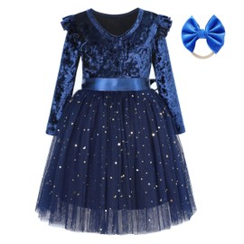 Extrabeauty Toddler Velvet Dress Long Sleeve Ruffle Little Girls Tulle Tutu Dresses for Special Occasion (7T, Navy Star)