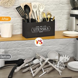 Ella & Emma Kitchen Utensil Holder with 3 Compartments, Rustic Wooden Storage Organizer Box Vintage Cutlery Farmhouse Flatware Utensil Caddy Countertop for Silverware Fork Spoon Spatula