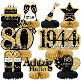 80th Birthday Man 9 Pieces Black Golden Honeycomb Centrepiece Table Decoration Birthday, 80th Birthday Decoration, 80th Birthday Party Decoration for Women and Men, Gifts for Men Birthday (German)