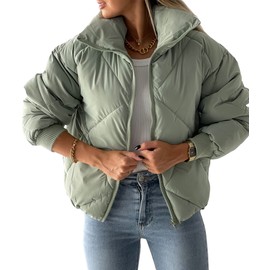 Newffr Womens Quilted Cropped Puffer Jacket Long Sleeve Full Zipper Pocketed Warm Short Bubble Coats