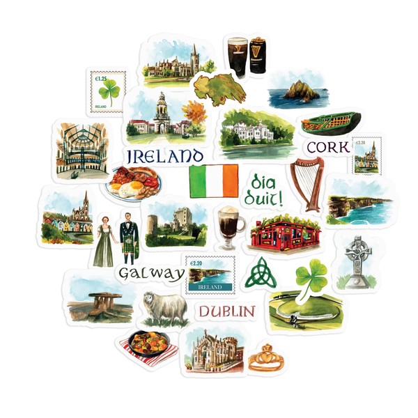Navy Peony Emerald Ireland Travel Stickers (34pcs) - Watercolor, Waterproof, Irish Themed Vacation Decals for Journals, Scrapbooks, Tumblers