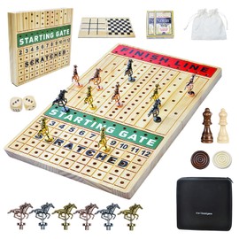 Horse Race Board Game, 4 in 1 Large 21 inches Folding Wooden Racing Game & Checkers Board Game & Chess Board & Tic Tac Toe Game with 11 Luxury Metal Horses for Parties