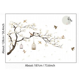 Large Chinese Style White Flowers Wall Stickers with Black Tree Flying Birds Wall Decals, Removable DIY Wall Art Decor Murals for Offices Living Room Bedroom Study Room Home Walls Decoration, 50x74in