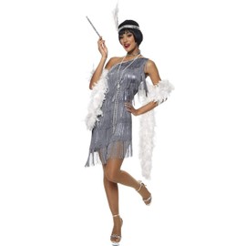 Forever Young Ladies Silver Vintage Roaring 1920s Flapper Charleston Gangster Fringed Dress Costume (UK Size 12)