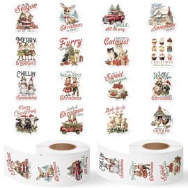 8TEHEVIN 1000pcs Vintage Christmas Sticker Rolls(2 Rolls), 16 Designs Cartoon Christmas Theme Stickers, Santa Snowman Snowflake Reindeer Self-Adhesive Decorative Decal for Merry Christmas Party Supply