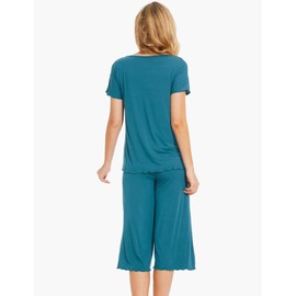 LazyCozy Womens Pajama Sets Viscose from Bamboo Pj Set Short Sleeve Top with Capri Pants Sleepwear 2 Piece Lounge Set,Turquoise,Large