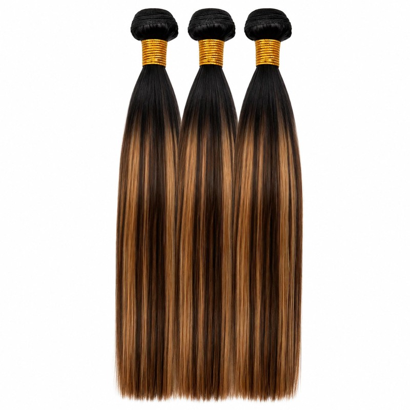 T1B/P430 Highlighted Light‑Brown Straight Hair Bundles 14/16/18