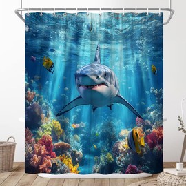 JONSEQIN Shark Shower Curtain Tropical Fish Blue Ocean Underwater Under The Coral Reef Coastal Nautical Fantasy Marine Life Bathroom Decor Curtains 70x70 inch with Hook
