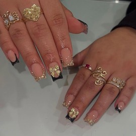 Bow Press on Nails Short Square Nail Press ons Black French Tip Fake Nails with Rhinestone Design Glossy Full Cover Glue on Nail Artificial Acrylic Stick on Nails for Women Nxtpz Manicure 24Pcs