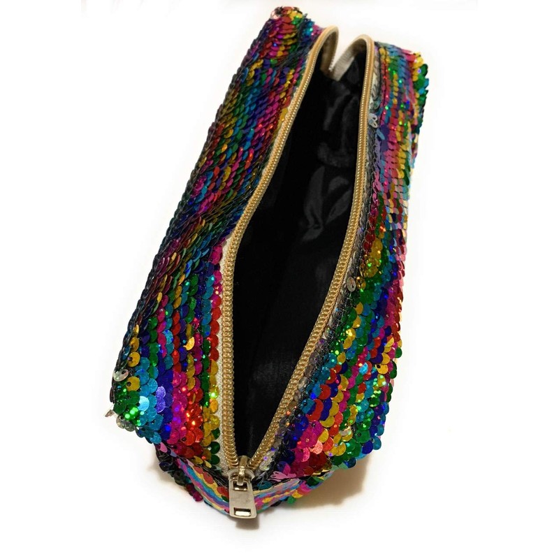 Large Colourful Rainbow Silver Reversible Sequin Pencil Case School College