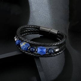 EJARY Men's Lapis Lazuli Leather Bracelet, Multi-Layer Braided Leather Bracelets, Lazurite Stone Beads Jewelry for Men, 8.27 inch/21 cm