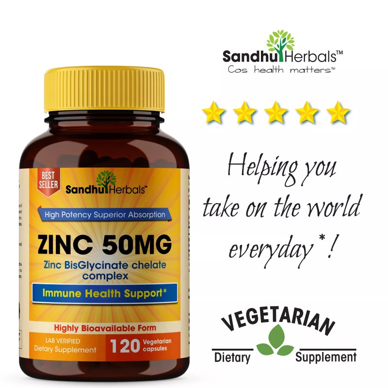 Sandhu Herbals Zinc BisGlycinate chelate zinc 50mg 120 Vegetarian Capsules-Suppo