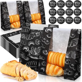 MotiMind 100 Packs Paper Bread Bags for Homemade Bread Sourdough 14 x 8.3 x 3.5 Inches Kraft Paper Bakery Bag with Window Label Seal Sticker for Baked Food Packaging Storage(Black)