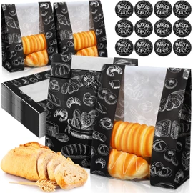 MotiMind 100 Packs Paper Bread Bags for Homemade Bread Sourdough 14 x 8.3 x 3.5 Inches Kraft Paper Bakery Bag with Window Label Seal Sticker for Baked Food Packaging Storage(Black)