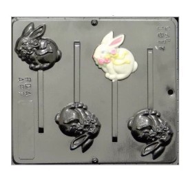 Choklit Molds Ltd Easter Bunny W/ Ribbon lollipop Chocolate Candy Mold New 4 Cavity Wax Ice Soap