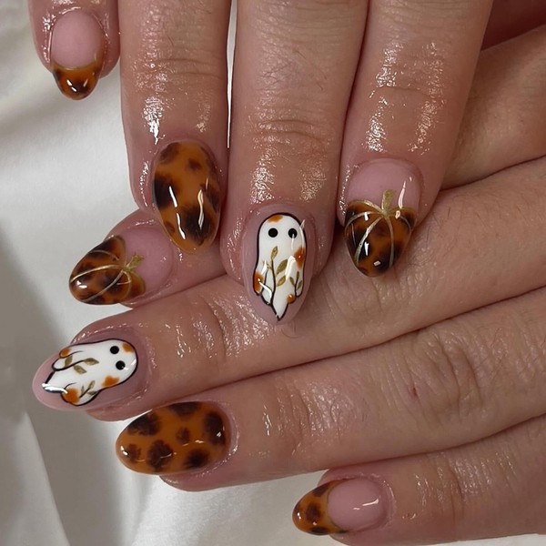 Halloween Press on Nails Almond Brown Leopard Fake Nails Medium
