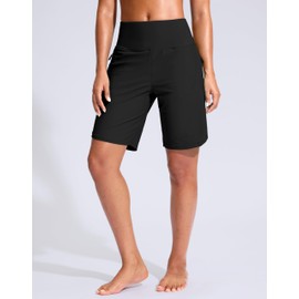 G Gradual Women's 9" Long Swim Board Shorts with Zipper Pockets High Waisted Knee Length Beach Swimming Shorts with Liner (Black,L)