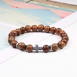 GFYWZ Natural Lava Stone Bead Obsidian Bracelets Cross Rosary Meditation Prayer Jesus Turquoise Bracelet Women Yoga Jewelry,Wooden Beads,Adjustable
