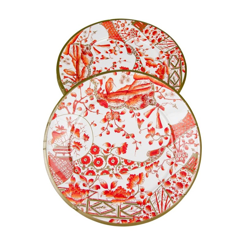Caspari Gilded Porcelain Coral Dinner Plates - 8 Per Package