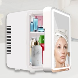 Skincare Fridge - Mini Fridge with Dimmable LED Mirror (4 Liter/6 Can), Cooler and Warmer, for Refrigerating Makeup, Skincare and Food, Mini Fridge for Bedroom, Office and Car (4 L) (White) (White 4L)