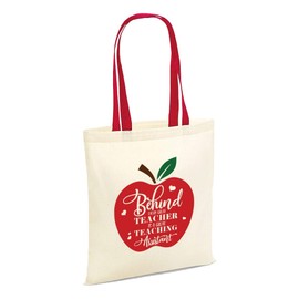Behind Every Teacher is a Great Teaching Assistant Tote Bags - Leaving Gift (Natural - Red Handle)