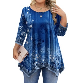 IN'VOLAND Womens Plus Size Tops 3/4 Length Sleeve Loose Fit Dressy Casual Blouse Flowy Shirts to Wear with Leggings Blue Floral