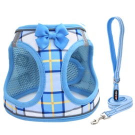JdotMIN Plaid Step-in Dog Harness and Leash Set, for Small Dog and Cat Vest Harness No Pull, Escape Proof, for Walking Puppy and Kitten, for Travel and Car, Harnais Pour Chien (Blue, S)