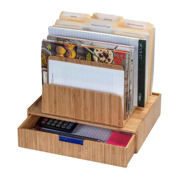 Bamboo Desktop File Folder Organizer, 7 – Slot w/ Drawer Combo Storage for Office Supplies & Stationary items