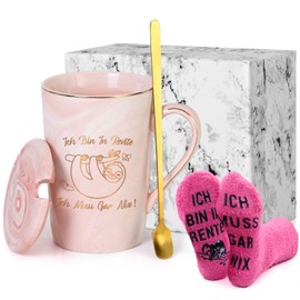 Joymaking Coffee Mugs Retirement Gift for Women - Ich bin in Rente Ich Muss Gar Nix - Retirement Gift with Sock for Colleague, Boss, Friends Pensioner Gift, 400 ml, Pink