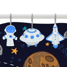 CTOHN 12 Pieces Outer Space Shower Curtain Hooks Rings, Galaxy Rocket Planet Decorative Shower Hooks for Shower Curtain, Stainless Steel Decorative Shower Hangers Rings for Bathroom