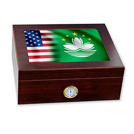 ExpressItBest Premium Desktop Humidor - Glass Top - Flag of Macao (Macanese) - Waves with USA Flag - Cedar lined with humidifier & front mounted hygrometer.