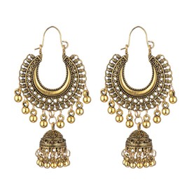 Big Jhumki Bell Bead Tassel Hollow Circle Dangle Drop Hoop Earrings for Women Vintage Boho Retro IndianTraditional Bell Lightweight Dangling Hypoallergenic Fashion Jewelry Gifts (Gold)