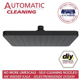 WENKO Automatic Clean Rain Shower Head, Anti-limescale Function, Square Shower Head with Automatic Cleaning System, Invigorating Rainwater Shower, Shower Head 25 x 17 cm in Industrial Flair, ABS Black