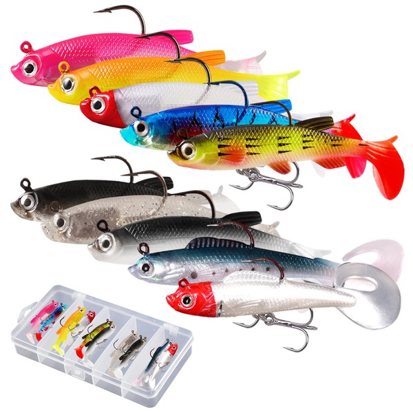 RYAN Pack of 10 Rubber Fish with Jig Head Small Fishing Lure Set Vivid Soft Artificial Bait for Pike Bass Zander Fishing Bait