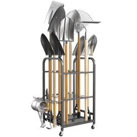 TORACK Garden Tool Organizer Stand with Wheels, Rakes Shovels Yard Tools Stand for Garage, Shed, Garden, Indoor/Outdoor Long-Handled Tools Cart