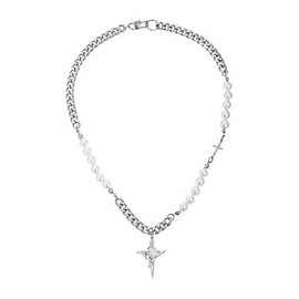 DIAMANTIO Unisex Baroque Pearl & Chain Choker Necklace with Gothic Cross Pendant – Punk Style Statement Jewelry