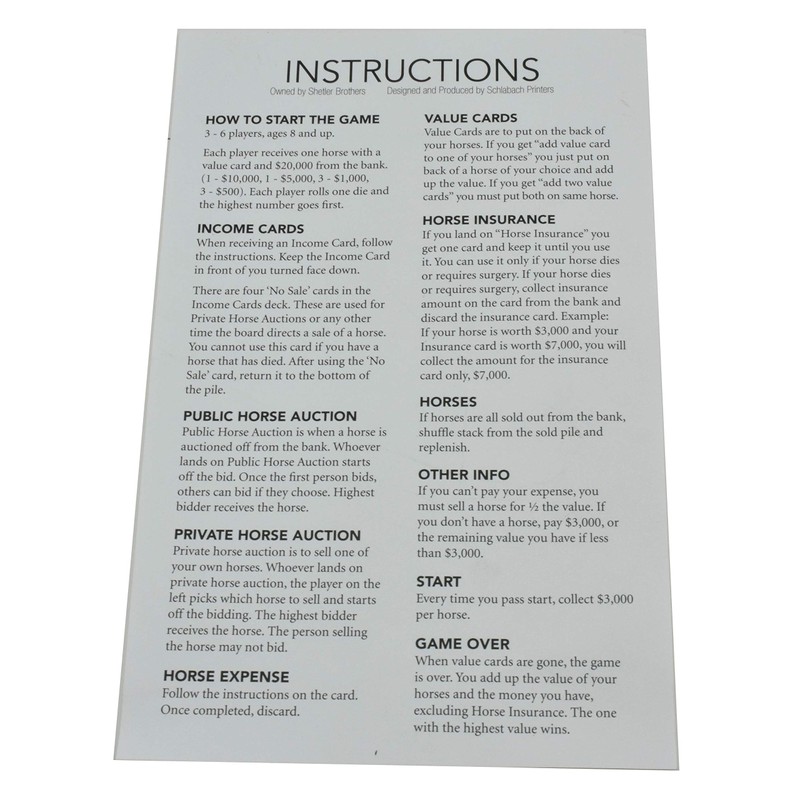 Horse Farm Board Game by Shetler Brothers