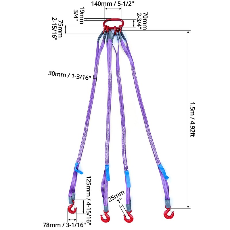 QWORK 5Ft Sling With 4 Legs Grab Hook and Adjuster,