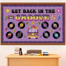 Pajean Groovy Music Bulletin Board Set Retro Record Classroom Decorations 80s 90s Disco Record Flower School Bus Cutouts with Purple Borders for Door Wall Chalkboard Decor Office Supplies