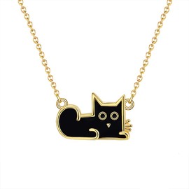 Ginger Lyne Collection Cute Black Cat Chain Pendant Necklace Stud Earrings or Set 14KT Yellow Gold over Sterling Silver Black Enamel Charm Kitty Lovers Gifts Paw Pet Gift