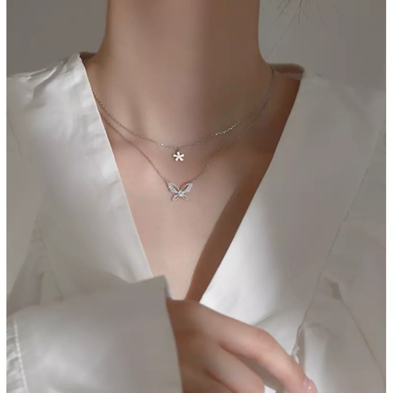 Unbranded Sterling Silver Plated Butterfly CZ Layered Pendant Necklace Choker